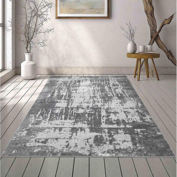 Serenity 211 SRN11 Modern Abstract Distressed Metallic Shimmer Soft Textured Hi-Lo Polyblend Short Pile Charcoal Grey/Mid Grey/Soft Silver Grey/Ivory Rug-Desire Rugs-Rug Love - The Most Loved Rug Store